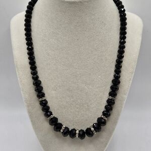 VINTAGE Faceted Black Glass and Rhinestone Beaded Strand Necklace Magnetic Back